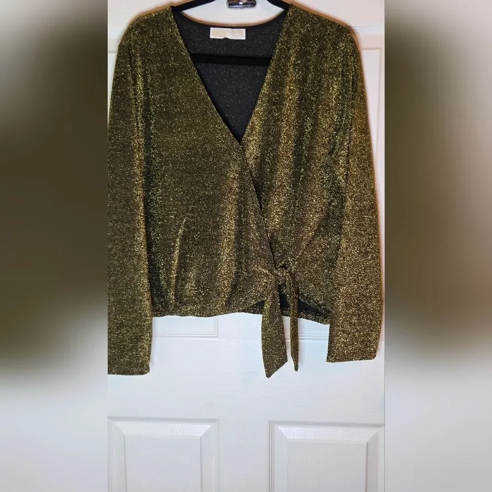 Michael Kors XL Shimmering Black Gold Faux Wrap V-Neck Lslv Women's Sweater